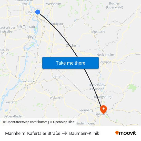 Mannheim, Käfertaler Straße to Baumann-Klinik map