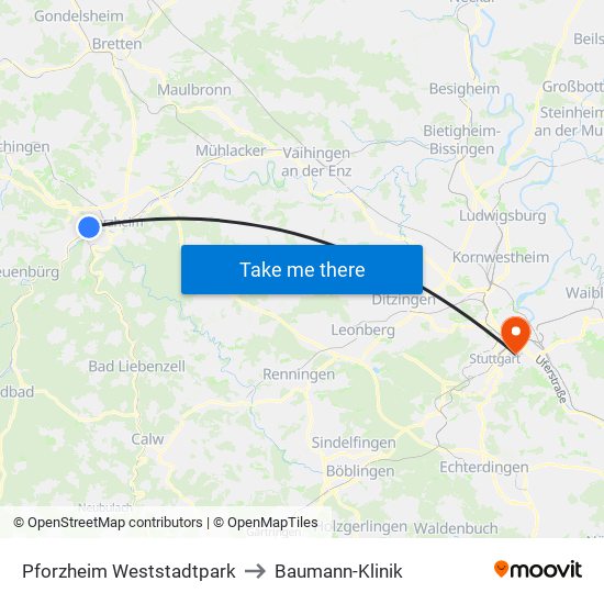 Pforzheim Weststadtpark to Baumann-Klinik map