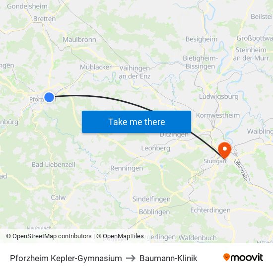 Pforzheim Kepler-Gymnasium to Baumann-Klinik map