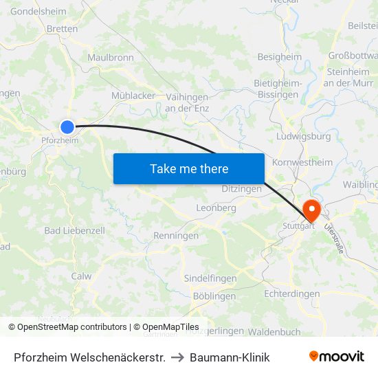Pforzheim Welschenäckerstr. to Baumann-Klinik map