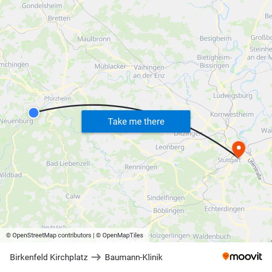 Birkenfeld Kirchplatz to Baumann-Klinik map