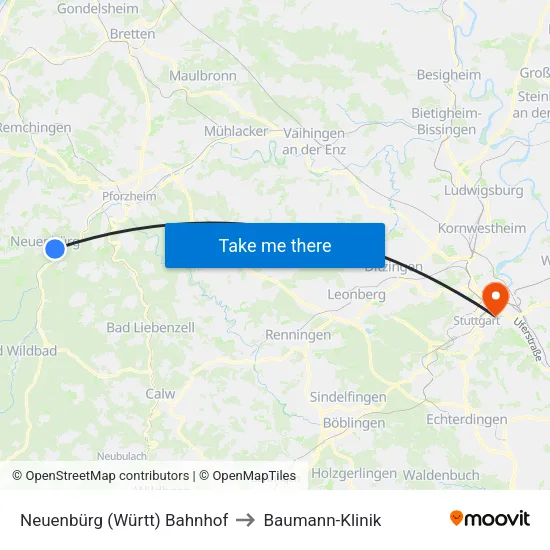 Neuenbürg (Württ) Bahnhof to Baumann-Klinik map