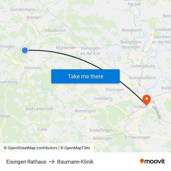 Eisingen Rathaus to Baumann-Klinik map