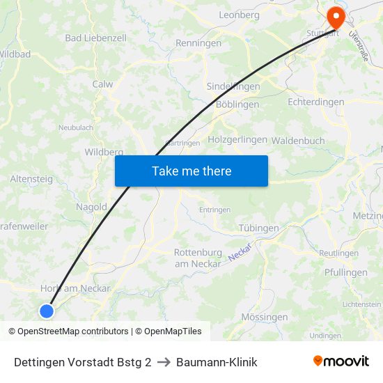 Dettingen Vorstadt Bstg 2 to Baumann-Klinik map