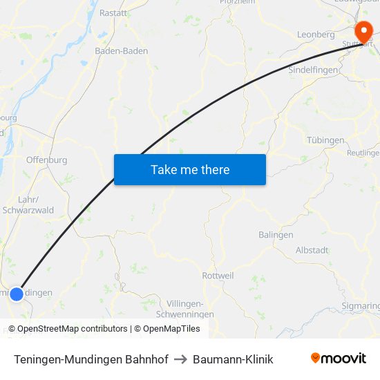 Teningen-Mundingen Bahnhof to Baumann-Klinik map