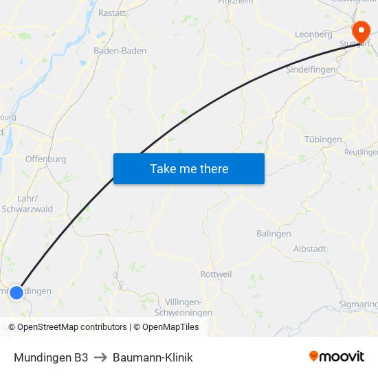 Mundingen B3 to Baumann-Klinik map