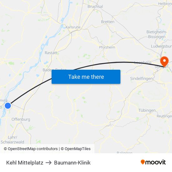 Kehl Mittelplatz to Baumann-Klinik map