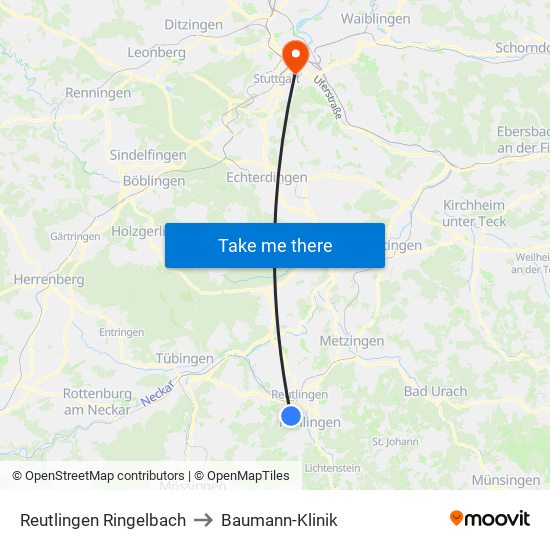 Reutlingen Ringelbach to Baumann-Klinik map