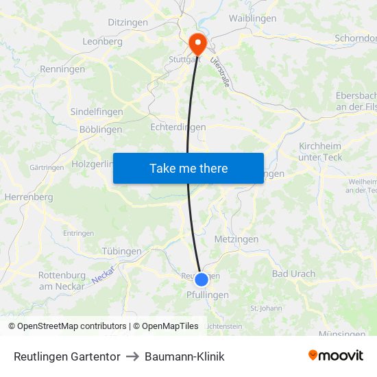 Reutlingen Gartentor to Baumann-Klinik map