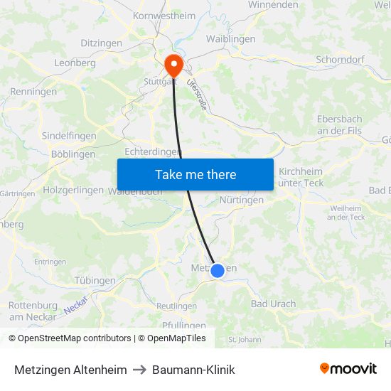 Metzingen Altenheim to Baumann-Klinik map