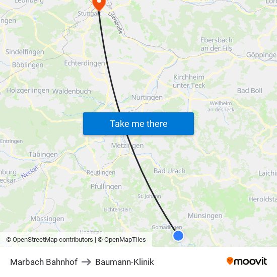 Marbach Bahnhof to Baumann-Klinik map