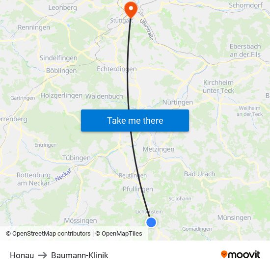 Honau to Baumann-Klinik map