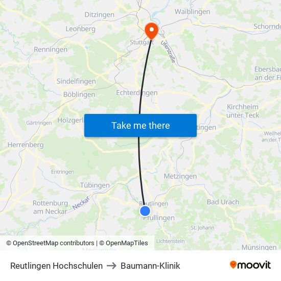 Reutlingen Hochschulen to Baumann-Klinik map