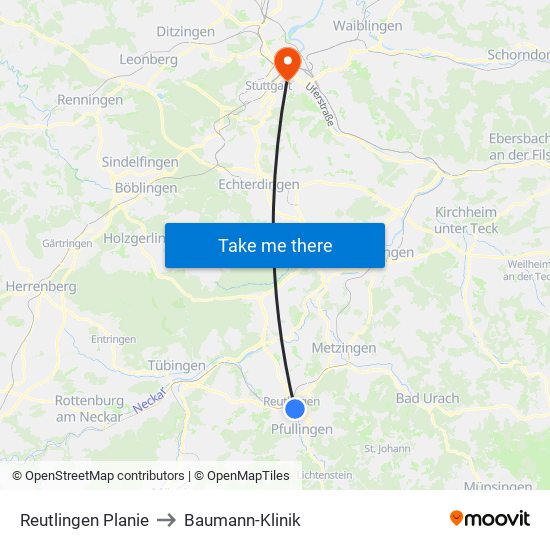 Reutlingen Planie to Baumann-Klinik map