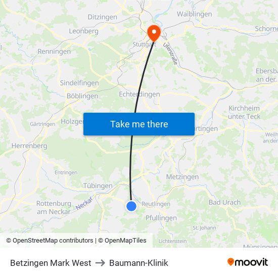 Betzingen Mark West to Baumann-Klinik map