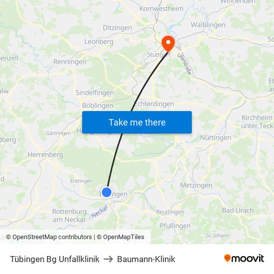 Tübingen Bg Unfallklinik to Baumann-Klinik map