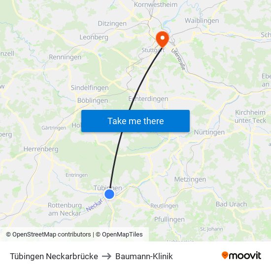 Tübingen Neckarbrücke to Baumann-Klinik map