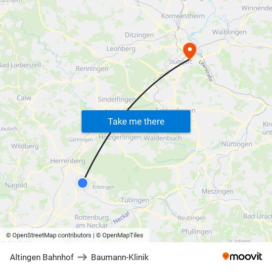 Altingen Bahnhof to Baumann-Klinik map