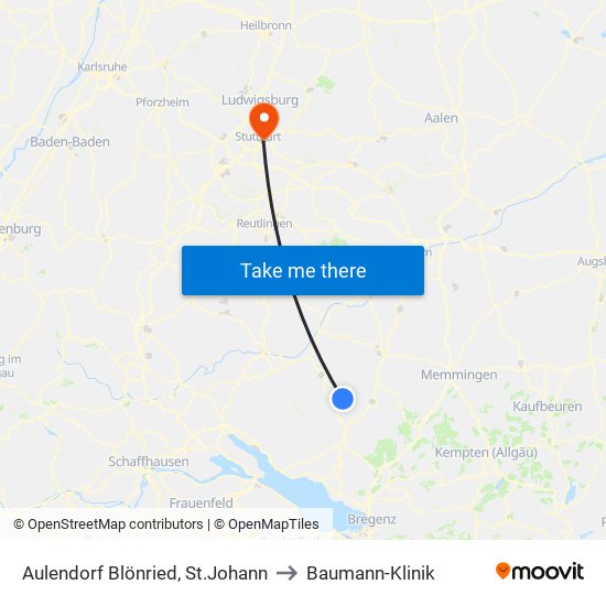 Aulendorf Blönried, St.Johann to Baumann-Klinik map