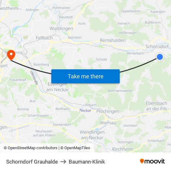 Schorndorf Grauhalde to Baumann-Klinik map