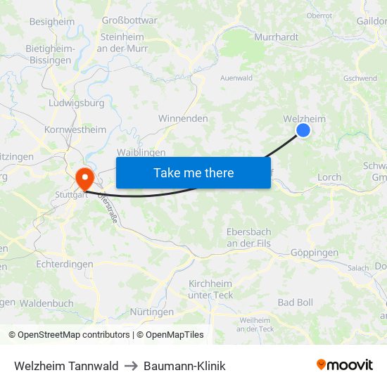 Welzheim Tannwald to Baumann-Klinik map
