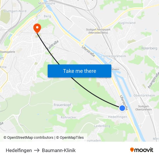 Hedelfingen to Baumann-Klinik map