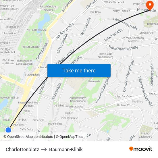 Charlottenplatz to Baumann-Klinik map