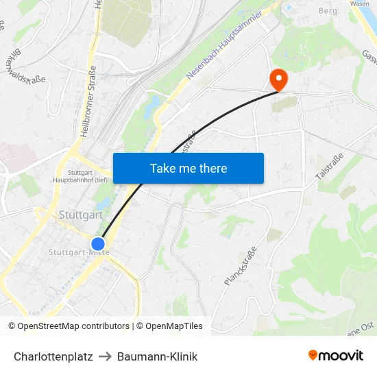Charlottenplatz to Baumann-Klinik map