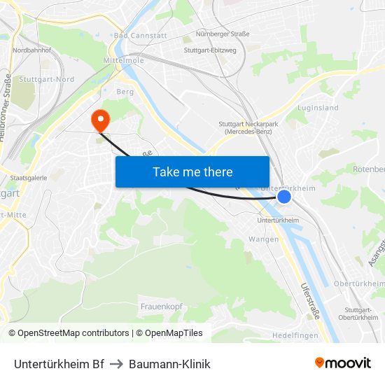 Untertürkheim Bf to Baumann-Klinik map