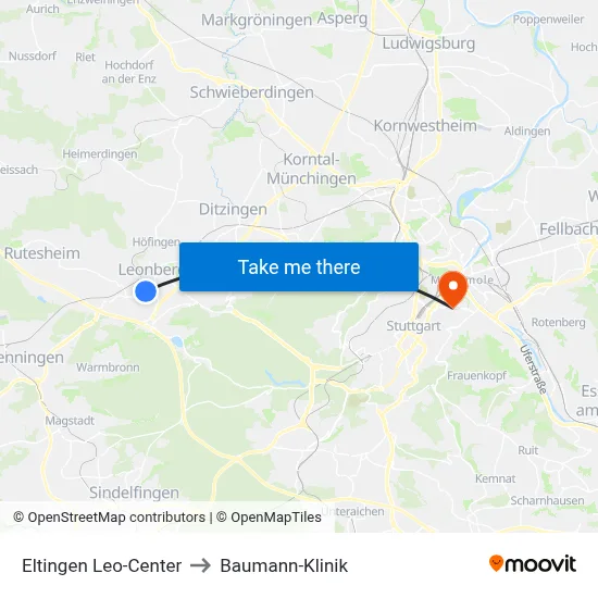 Eltingen Leo-Center to Baumann-Klinik map