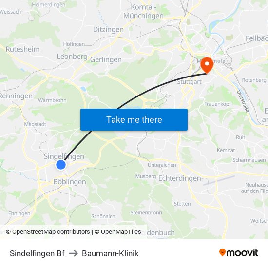 Sindelfingen Bf to Baumann-Klinik map