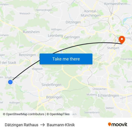 Dätzingen Rathaus to Baumann-Klinik map