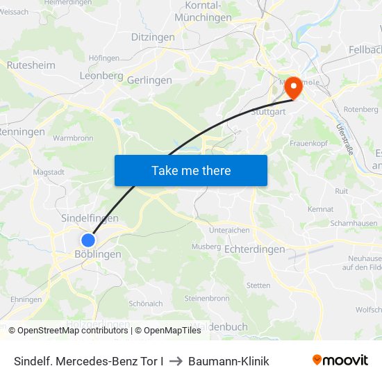 Sindelf. Mercedes-Benz Tor I to Baumann-Klinik map