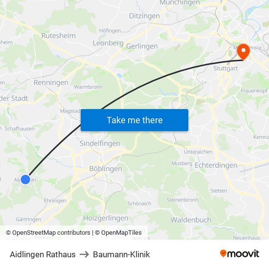 Aidlingen Rathaus to Baumann-Klinik map