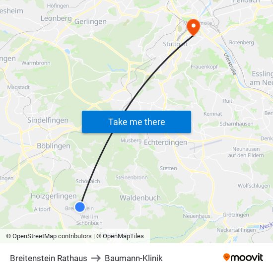 Breitenstein Rathaus to Baumann-Klinik map