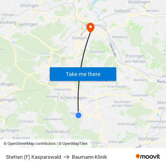 Stetten (F) Kasparswald to Baumann-Klinik map