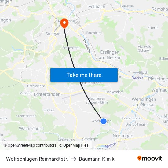 Wolfschlugen Reinhardtstr. to Baumann-Klinik map