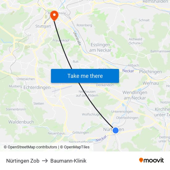 Nürtingen Zob to Baumann-Klinik map