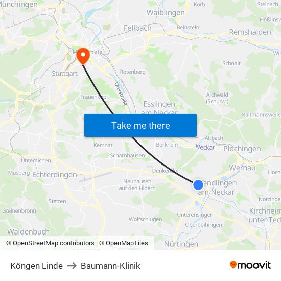 Köngen Linde to Baumann-Klinik map