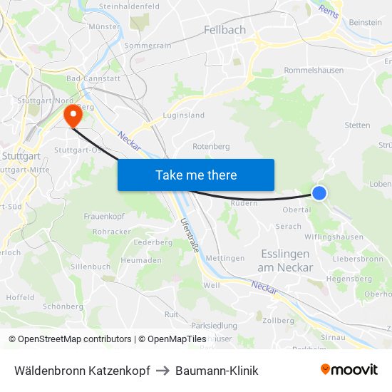 Wäldenbronn Katzenkopf to Baumann-Klinik map