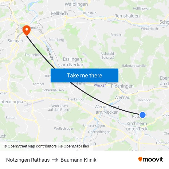 Notzingen Rathaus to Baumann-Klinik map