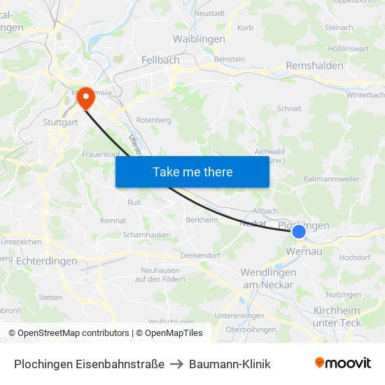 Plochingen Eisenbahnstraße to Baumann-Klinik map