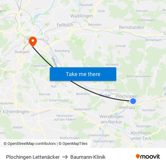 Plochingen Lettenäcker to Baumann-Klinik map