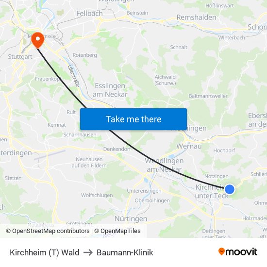 Kirchheim (T) Wald to Baumann-Klinik map