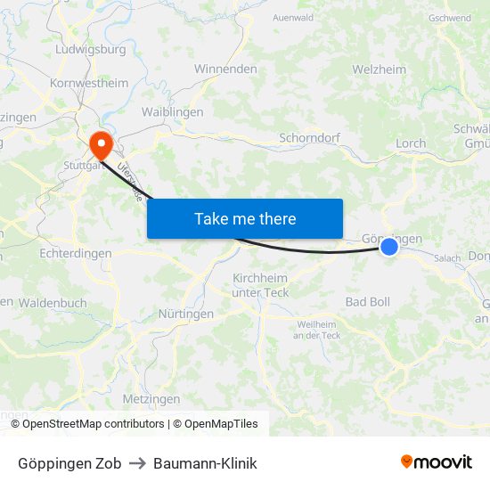 Göppingen Zob to Baumann-Klinik map