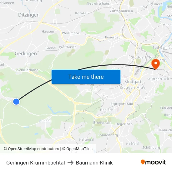 Gerlingen Krummbachtal to Baumann-Klinik map