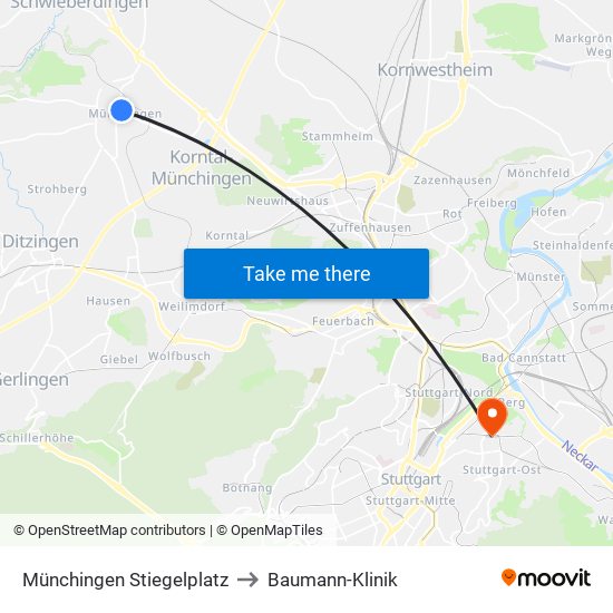 Münchingen Stiegelplatz to Baumann-Klinik map