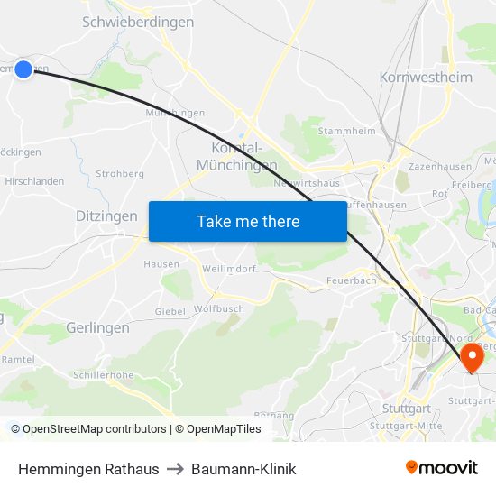 Hemmingen Rathaus to Baumann-Klinik map