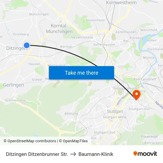 Ditzingen Ditzenbrunner Str. to Baumann-Klinik map