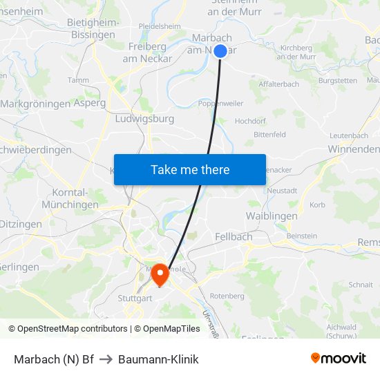 Marbach (N) Bf to Baumann-Klinik map